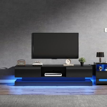 Hochglanz TV-Schrank mit LED-Beleuchtung TV-Ständer 2 Schubladen App-Steuerung Anti-Kipp Design Lowboard für Fernseher bis zu 60 Zoll TV Cabinet für Wohnzimmer TV Board Schwarz 160 cm