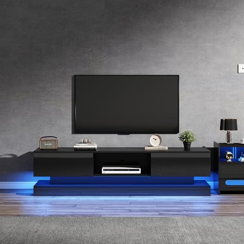 Hochglanz TV-Schrank mit LED-Beleuchtung TV-Ständer 2 Schubladen App-Steuerung Anti-Kipp Design Lowboard für Fernseher bis zu 60 Zoll TV Cabinet für Wohnzimmer TV Board Schwarz 160 cm
