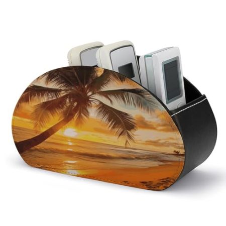 FZQVSWTX Fernbedienungshalter, tropischer Strand, Palme, Sonnenuntergang, bedruckt, PU-Leder, Schreibtisch-Organizer mit 5 Fächern für Medien-Zubehör und Bürobedarf