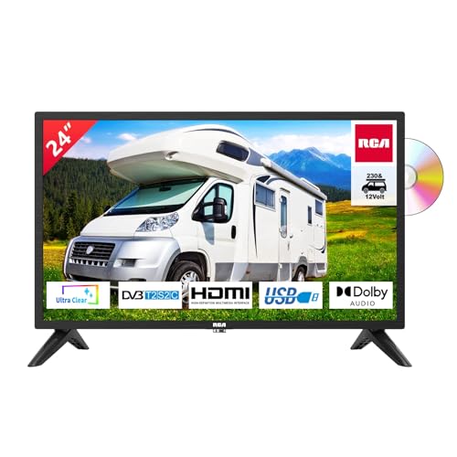 RCA RD24H2CU Fernseher 24 Zoll (TV 60 cm) mit eingebautem DVD Player für Wohnmobile und Wohnwagen 12V KFZ-Adapter, Dolby Audio, Triple Tuner DVB-C/T2/S2, HDMI, USB, digitaler Audioausgang, 230V/12V
