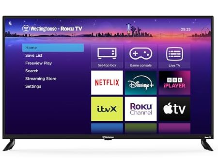 Westinghouse 4K UHD 43 Zoll Roku Smart TV, mit Dolby Audio, HDR, Apple TV+, BBC, Netflix, Freeview Play, Dolby Vision, HDMI-Anschluss, USB-Anschluss, UHD-Großbildfernseher für Büro und Zuhause