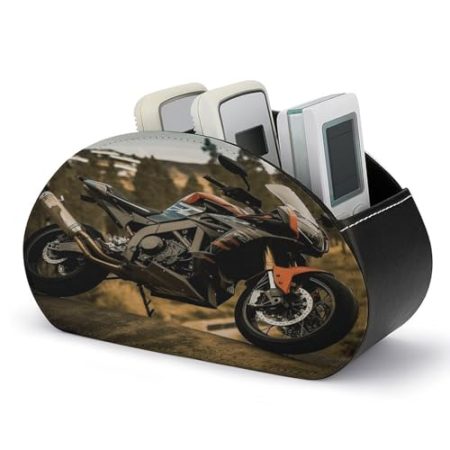 FZQVSWTX Fernbedienungshalter, Sport-Motorrad-bedruckter PU-Leder-Fernbedienungs-Caddy Schreibtisch-Organizer mit 5 Fächern für Medien-Zubehör und Bürobedarf
