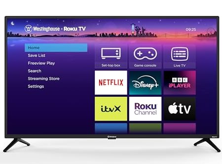 Westinghouse Roku 101,6 cm (40 Zoll) Full HD 1080p Smart TV, mit Dolby Audio, HDR, Apple TV+, BBC, Netflix, Freeview Play, Dolby Vision Fernseher mit HDMI-USB-Anschluss, 101,6 cm (40 Zoll