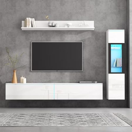 YuQozii TV Wohnwand Set 3-teilig LED Beleuchtung Hochglanz Weiß Wohnzimmer Möbel Set Frontale Wohnwand Weiß 1 x TV Schrank, 1 x Wohnzimmer Vitrine, 1 x Hängeregal