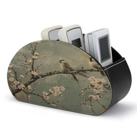 FZQVSWTX Fernbedienungshalter, Vogel auf blühendem Baum, bedruckter PU-Leder-Fernbedienungs-Caddy Schreibtisch-Organizer mit 5 Fächern für Medien-Zubehör und Bürobedarf