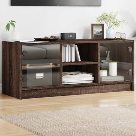 AJJHUUKI Entertainment Centers & TV Stands-TV Schrank mit Glastüren Braun Eiche 102x37x42 cm