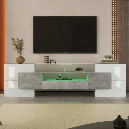 Aunvla Stilvoller TV-Schrank, Lowboard.hochglänzendes Weiß, 200 cm, LED-Beleuchtung, Wohnzimmermöbel. modernes Design. elegante Glasoberfläche.