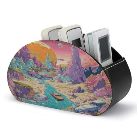FZQVSWTX Fernbedienungshalter, psychedelischer Rock-Stil, bedrucktes PU-Leder, Schreibtisch-Organizer mit 5 Fächern für Medien-Zubehör und Bürobedarf