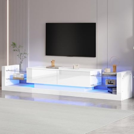 Aurofurz Hochglanz-TV-Schrank mit LED Farbwechsel-Beleuchtung, 181 cm –Fernsehschrank Für Fernseher bis 80 Zoll, Glasfront,Fernsehtisch Zwei klappbare Schubladen für Wohnzimmer und Schlafzimmer