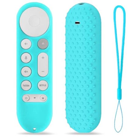 TOKERSE Silikon-Schutzhülle für Google TV-Streamer 4K 2024 Sprachsuch-Fernbedienung – weiche rutschfeste Fernbedienung Schutzhülle mit Umhängeband – leuchtet blau