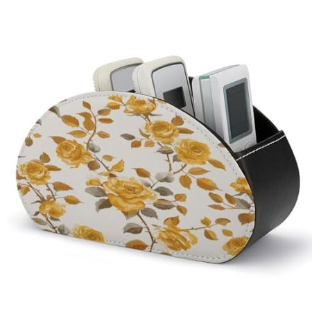 FZQVSWTX Fernbedienungshalter, senfgelbe Rose, bedrucktes PU-Leder, Schreibtisch-Organizer mit 5 Fächern für Medien-Zubehör und Bürobedarf