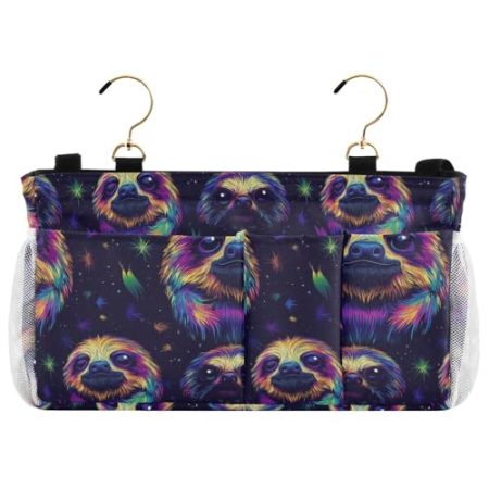 EtherSpher Nachttisch-Organizer mit buntem Neon-Faultier-Design, hängende Aufbewahrungstasche für TV-Fernbedienung, Handys, Zeitschriften, Tablets, Zubehör