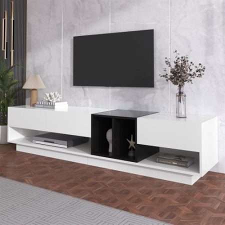 Generisch 190 L x 40 B x 42H(cm) TV-Schrank, TV Lowboard mit Schubladen, Moderner Fernsehtisch mit Stauraum, Kombination in Hochglanz-Weiß und Schwarz. Farbblockierendes Design, Weiß