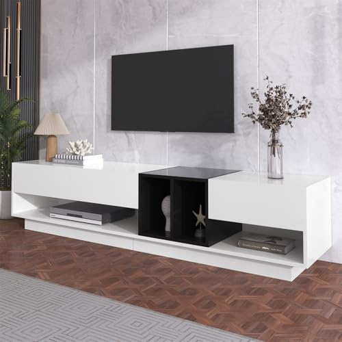 Generisch 190 L x 40 B x 42H(cm) TV-Schrank, TV Lowboard mit Schubladen, Moderner Fernsehtisch mit Stauraum, Kombination in Hochglanz-Weiß und Schwarz. Farbblockierendes Design, Weiß