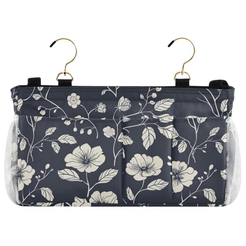 siphylline Etagenbett Seiten-Caddy Nachttisch-Aufbewahrungstasche mit Taschen zum Aufhängen für TV-Fernbedienung, Handys, Zeitschriften, Tablets, Zubehör, Blumen und Blätter, Schwarz