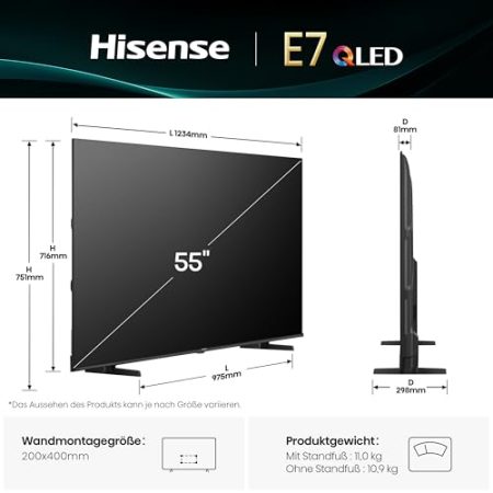 Hisense 55E7Q Fehrnseher, 55 Zoll, 4K UHD QLED, Smart TV, Game Mode Plus, Filmaker Mode, Dolby Vision Atmos, HDR10, HLG, HDR Immersive, AI 4K Upscaler, Dolby MS12, DTS X, Sprachsteuerung [2025]