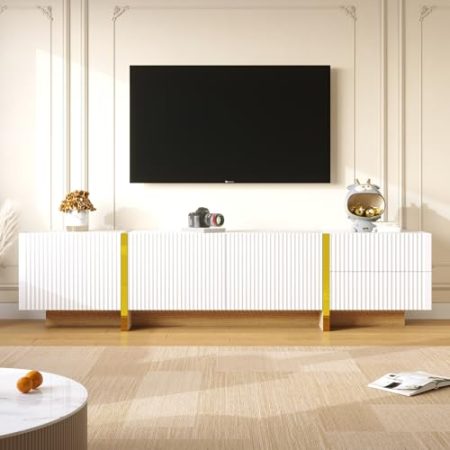 Jaxenor 190cm TV Lowboard mit 3 Türen, TV Board mit 2 Schubladen, Modern Fernsehschrank, Fernseher Schrank für Wohnzimmer, TV Schrank, Weiß und Gold