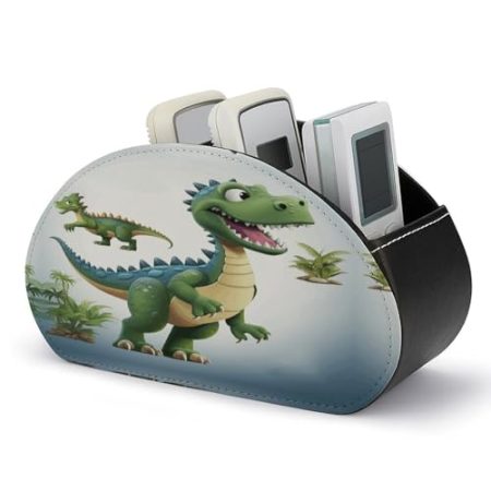 FZQVSWTX Fernbedienungshalter, Cartoon-Dinosaurier-Bilder, bedrucktes PU-Leder, Fernbedienungs-Caddy mit 5 Fächern für Medien-Zubehör und Bürobedarf