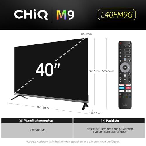 CHIQ 40 Zoll (100 cm) Fernseher Smart TV, FHD HDR10, Google TV, Triple Tuner DVB-C/T/T2/S/S2, Dolby Audio, DBX-tv, Chromecast Built-in, HDMI, USB, Metallfreies