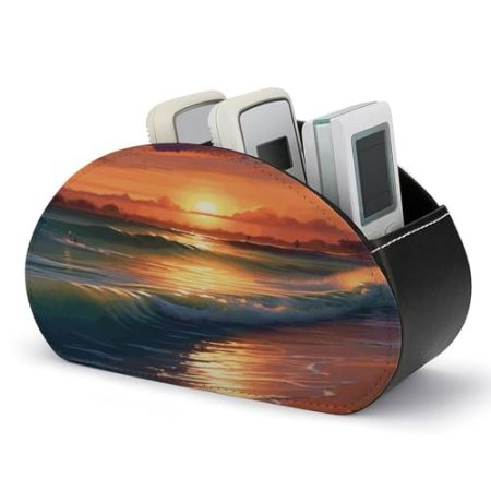 FZQVSWTX Fernbedienungshalter, Sunset Seaside, bedrucktes PU-Leder, Schreibtisch-Organizer mit 5 Fächern für Medien-Zubehör und Bürobedarf