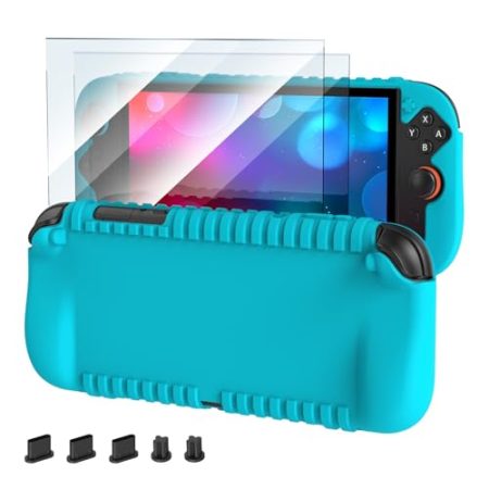 FYOUNG One-Piece Silikon Griff Hülle für Nintendo Switch 2(2025) mit Schutzfolie - 3-in-1 Zubehörset für Switch 2 - Stoßdämpfund Rutschfest Schutzhülle, 2x Displayfolie, 8x Joystick Kappen