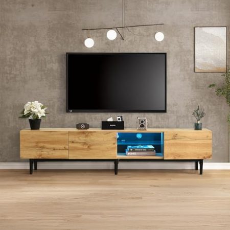 Jaxenor 175cm TV Schrank mit Variable LED-Leuchten, TV Board mit Ofenen Fächern, Fernsehschrank mit 3 Türen, Fernseher Schrank für Wohnzimmer, TV Lowboard, Helle Eiche