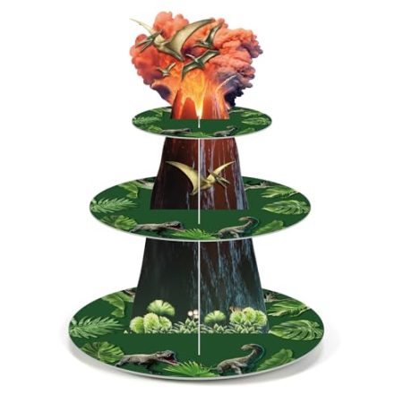 Zopeal 3-stöckiger Dinosaurier-Cupcake-Ständer, Dinosaurier-Thema, Cupcake-Halter, Dino Jurassic Vulkan, Dessertturm für Kindergeburtstag, Babyparty, Dino-Mottoparty-Zubehör