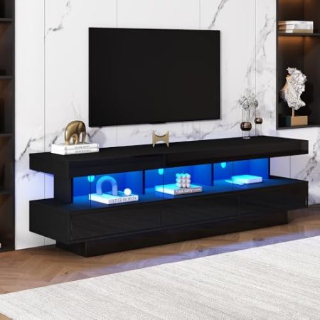 A ALFRESCOOL Weißer Hochglanz-TV-Schrank mit LED-App-Steuerung & 3 Glasfächern | 160 cm, Bluetooth, Musiksteuerung, für 70-Zoll-TV | Modern & smart (Schwarz)