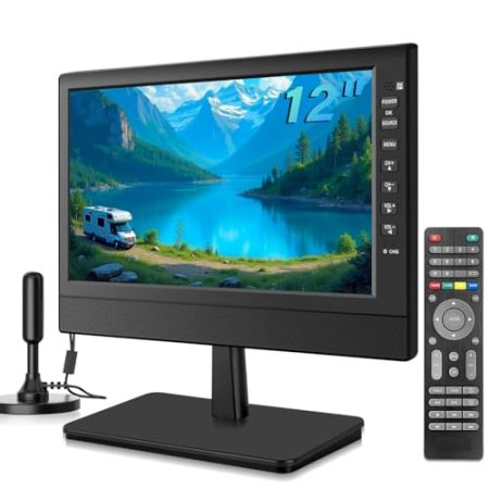 ZOSHING 12 Zoll kleiner 1080p-Bildschirm Fernseher mit Freeview-Empfang und Antenne, zwei Power AC/DC-12 V, HDMI-USB-VGA-Eingänge für Wohnmobil/Monitore/Küche