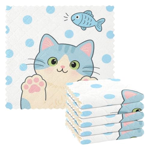 EtherSpher Küchentücher mit niedlichem Cartoon-Motiv, blaue Katze, Frottee, Küchenqualität, Camping-Zubehör, 27,9 x 27,9 cm, 6 Stück