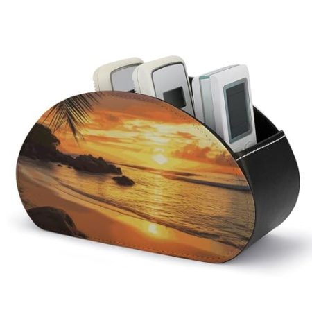 Tropischer Strand-Fernbedienungshalter, Leder, TV-Fernbedienungs-Caddy, Desktop-Organizer, 5-Schlitz-Aufbewahrungshalter für TV/DVD/Zubehör, stilvolle Schreibtischdekoration für Wohnzimmer,