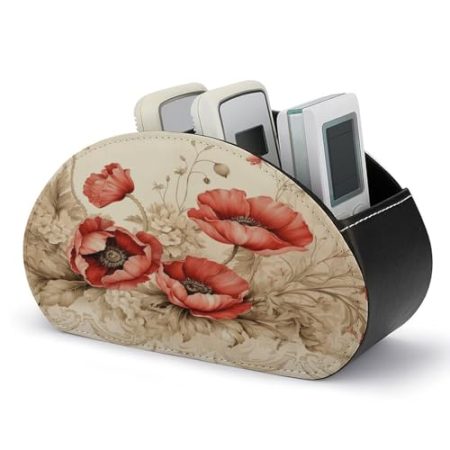 FZQVSWTX Fernbedienungshalter, Mohnblumen und Spitze, bedrucktes PU-Leder, Schreibtisch-Organizer mit 5 Fächern für Medien-Zubehör und Bürobedarf