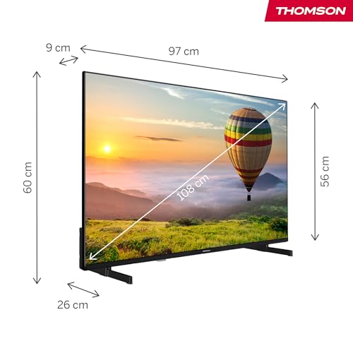 Thomson 43 Zoll (108 cm) FHD Smart TV, Wi-Fi, Sprachsteuerung, HDR10, Dolby Audio, Triple-Tuner (Kabel/Satellit/Antenne), HDMI, USB, Netflix, YouTube, Prime Video, Disney+– 43FT2S35