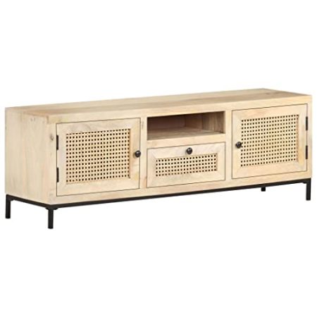 TV-Konsole TV-Schrank Lowboard Fernsehtisch Beistelltisch mit Türen und Schublade, Fernsehschrank Medienkonsole für Wohnzimmer & Schlafzimmer, 120x30x40 cm Mango Massivholz und Rohrgeflecht