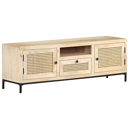 TV-Konsole TV-Schrank Lowboard Fernsehtisch Beistelltisch mit Türen und Schublade, Fernsehschrank Medienkonsole für Wohnzimmer & Schlafzimmer, 120x30x40 cm Mango Massivholz und Rohrgeflecht