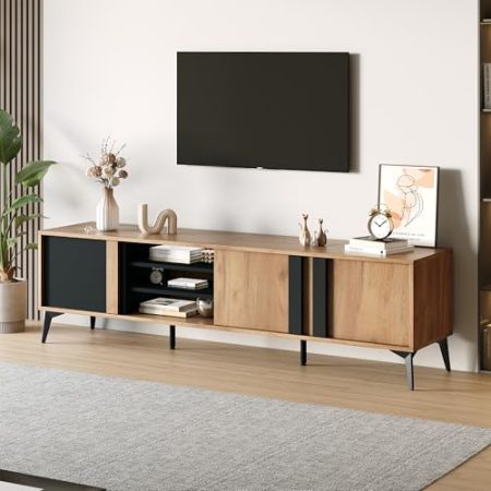 HAINEW TV Schrank TV Lowboard mit 3 Türen und 2 Offene Fächer, Moderner 180cm TV Tisch Fernsehtisch Fernsehschrank mit Schwarze Metallbeine, Holz Braun+Schwarz, Farbblockdesign