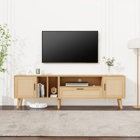 Wuudi Geräumiger 180-cm-TV-Schrank mit Rattan-Dekoration, 2 Türen und Einer Schublade, Beine aus Massivholz, bietet Platz für einen 80-Zoll-Fernseher, TV-Aufbewahrungsschrank, TV-Schrank