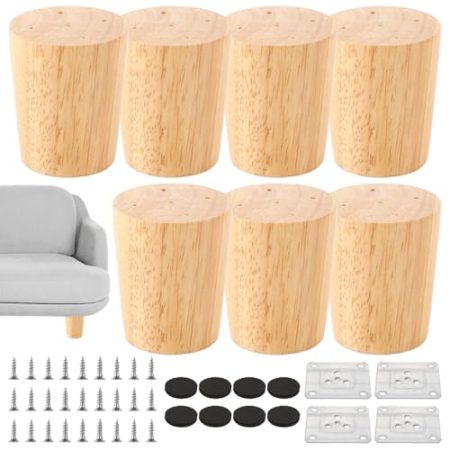 AKOLAFE 6cm Möbelfüße Holz 8 Stück Tischbeine Holz Eiche Robuste Möbelbeine Rund Holzbeine Holz mit Montageplatten und Schrauben Schwerlaste Schrankfüße Holz für Sofa, Bett, Schrank, Stuhl, Tisch