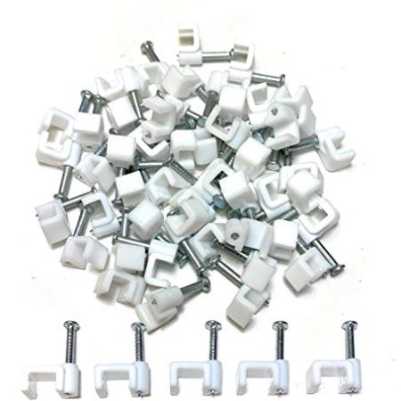 TR Kabelhalter, Weiß, aus Kunststoff, flach, Klammern für elektrische Kabel von TV, Telefon, Internet, Kabel-Befestigungen, 50 Stück