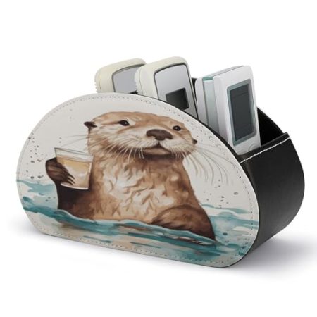 FZQVSWTX Fernbedienungshalter, Sea Otter bedruckter PU-Leder-Fernbedienungs-Caddy Schreibtisch-Organizer mit 5 Fächern für Medien-Zubehör und Bürobedarf