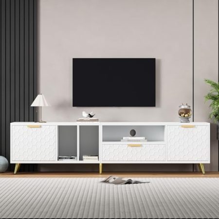 HAINEW TV Schrank TV Lowboard mit 2 Türen und 1 Schublade, Moderner 180cm TV Tisch Fernsehtisch Fernsehschrank mit 3 Offene Fächer und Goldene Beine, Weiß, Dekoration mit Wabenmuster