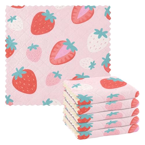 EtherSpher Lovely Red Strawberries Waschhandtücher aus Mikrofaser, Küche, Handtücher, Frühlingskleidung, Zubehör, Para Mesas, 27,9 x 27,9 cm, 6 Stück