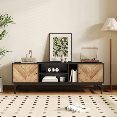 HAINEW TV Schrank TV Lowboard mit 2 Türen und 3 Offenen Fächern, Moderner 150cm Lang TV Tisch Fernsehtisch Fernsehschrank TV Bank für Wohnzimmer und Esszimmer, Holzfarbe + Schwarz