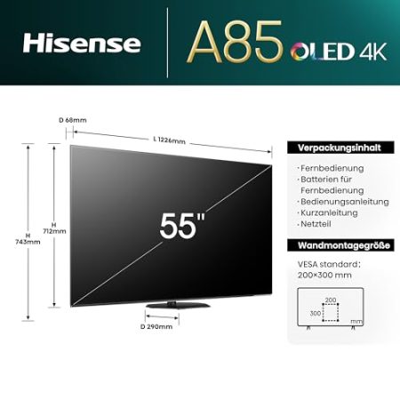 Hisense 55A85N 139cm (55 Zoll) Fernseher, 4K UHD OLED Smart TV,120Hz, HDMI 2.1, Game Mode Pro, AMD FreeSync Premium, Dolby Vision IQ & Atmos, Bluetooth, Alexa Built-in, Schwarz, [2024]