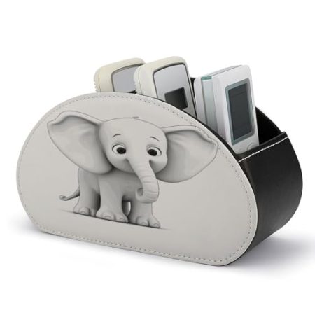 FZQVSWTX Fernbedienungshalter, weißer Elefant, bedrucktes PU-Leder, Schreibtisch-Organizer mit 5 Fächern für Medien-Zubehör und Bürobedarf