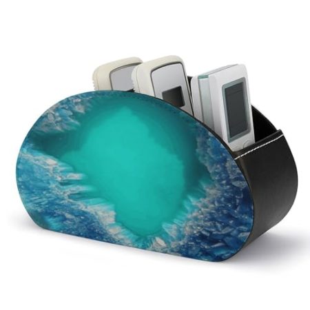 FZQVSWTX Fernbedienungshalter, hellblau-türkis, bedrucktes PU-Leder, Schreibtisch-Organizer mit 5 Fächern für Medien-Zubehör und Bürobedarf