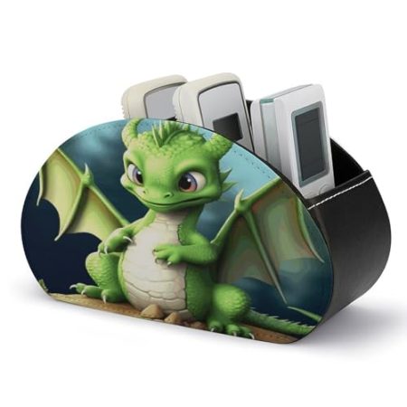 FZQVSWTX Fernbedienungshalter, Drache, niedlich, bedrucktes PU-Leder, Schreibtisch-Organizer mit 5 Fächern für Medien-Zubehör und Bürobedarf