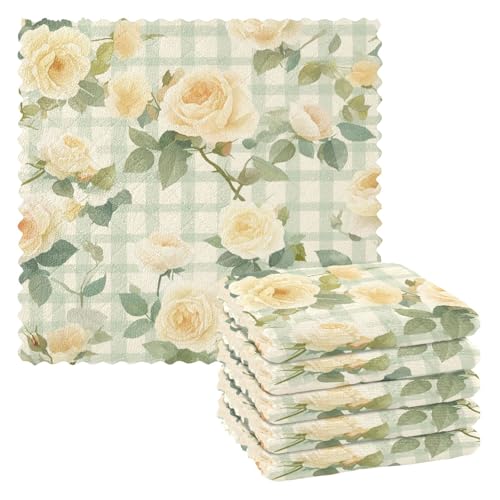 Green Spring Retro Plaids Gelbe Blumen Themerry Tuch Küchentücher Küchenhandtücher Klassisches Kaffee-Zubehör Para Mesas 27,9 x 27,9 cm 6 Stück