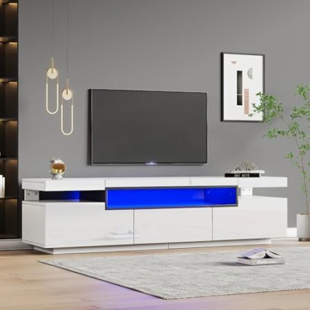 160x39x42cm Hochglanz-TV-Ständer, Eleganter Hochglanz-TV-Schrank mit 16 Farben LED-Beleuchtung, Platz für 70-79 Zoll Fernseher, Inklusive 3 Schubladen