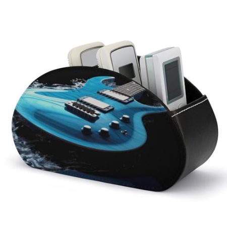 FZQVSWTX Fernbedienungshalter, blaue Gitarre, bedrucktes PU-Leder, Schreibtisch-Organizer mit 5 Fächern für Medien-Zubehör und Bürobedarf